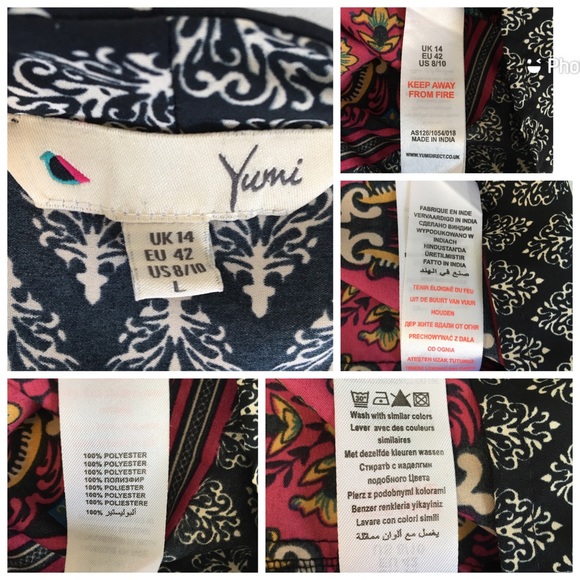 Yumi Black White Ikat Dress Border Print Tie Neck - Picture 16 of 16